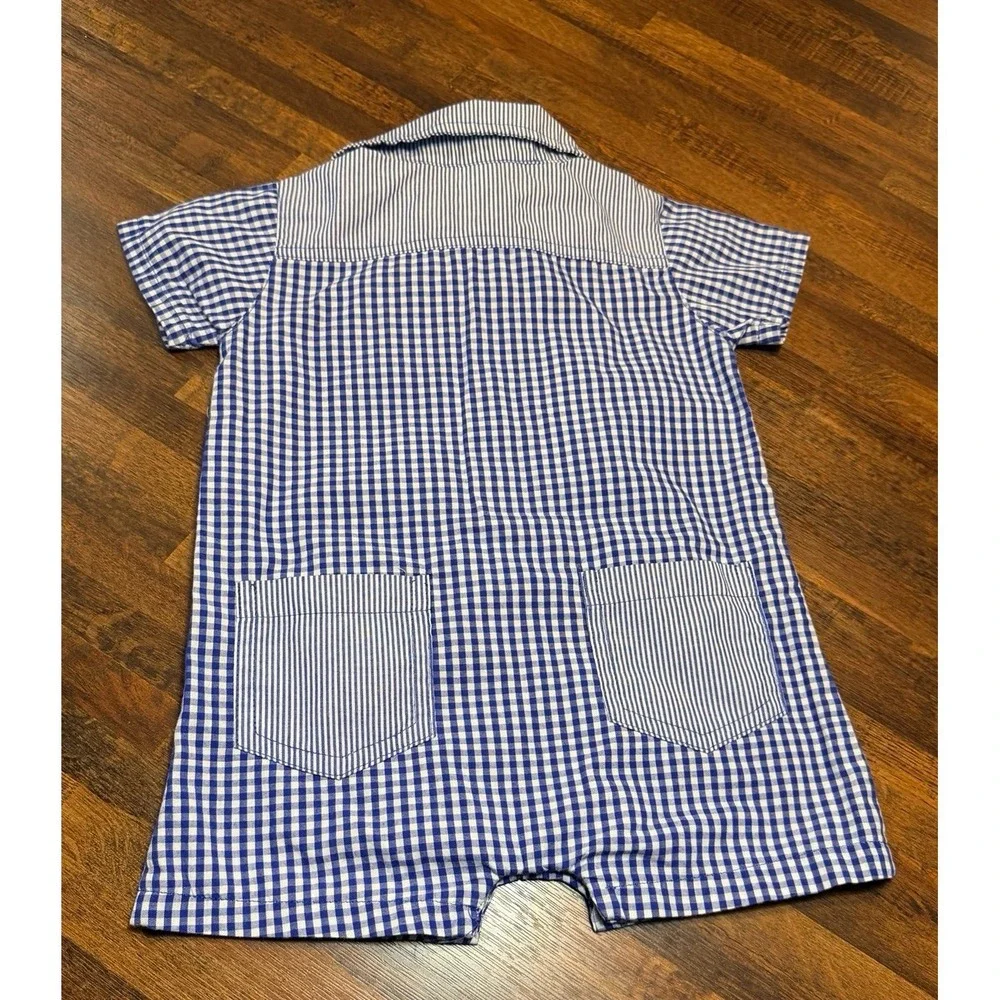 Boys U.S. Polo Assn. blue plaid summer romper. Size 6/9 months. Horse logo.